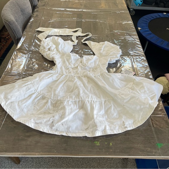 ASOS luxe puff sleeve corset mini skater dress in white denim size 10 - Picture 5 of 12